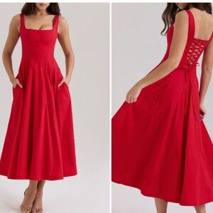 New House of CB Mariabella Dress Red Corset Midi Cotton Dress Lace Up Back Sz S